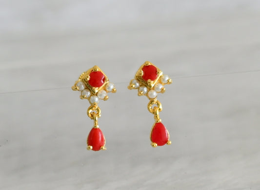 Gold tone coral-pearl stone earrings dj-48559