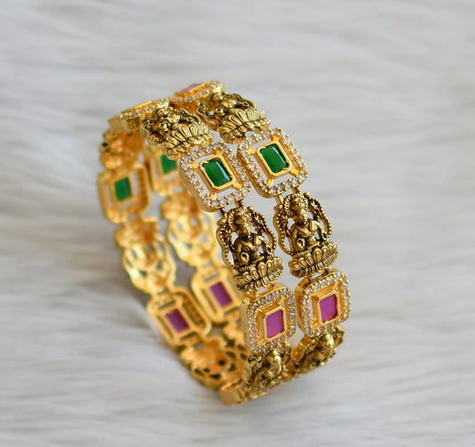 Antique gold tone ruby-green-white block stone lakshmi bangles(2.8) dj-45114