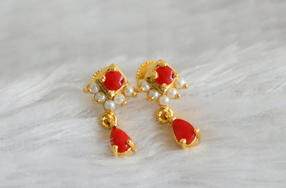 Gold tone coral-pearl stone earrings dj-48559