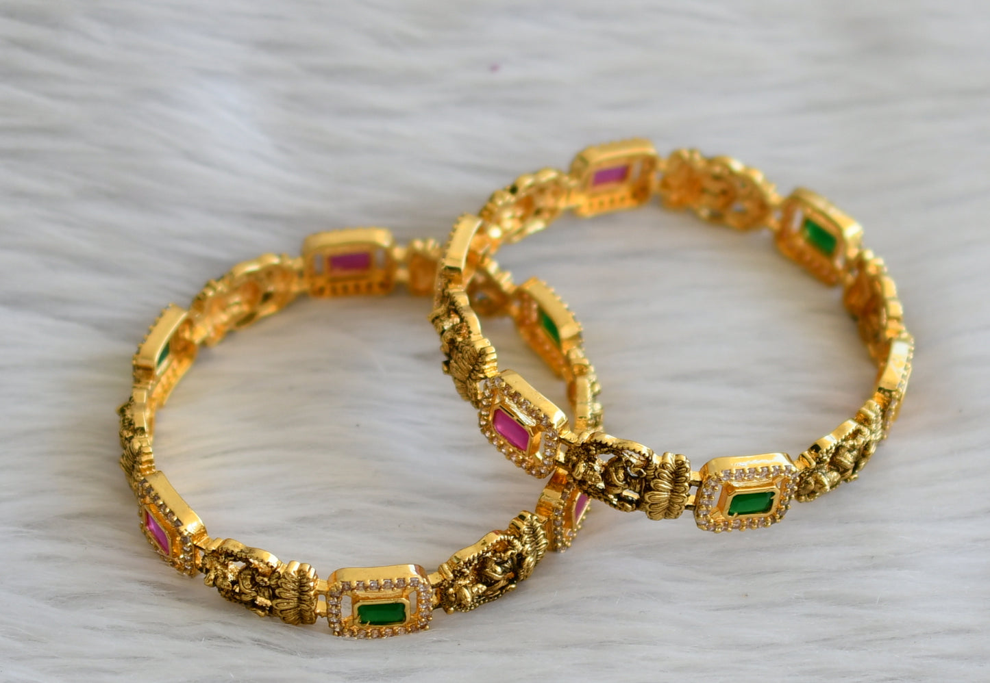 Antique gold tone ruby-green-white block stone lakshmi bangles(2.8) dj-45114