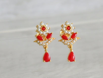 Gold tone coral-pearl stone flower earrings dj-48562