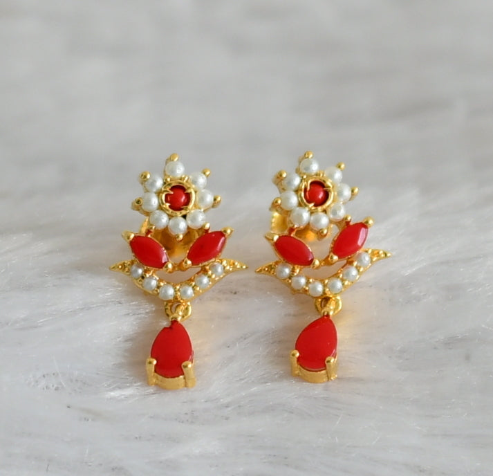 Gold tone coral-pearl stone flower earrings dj-48562