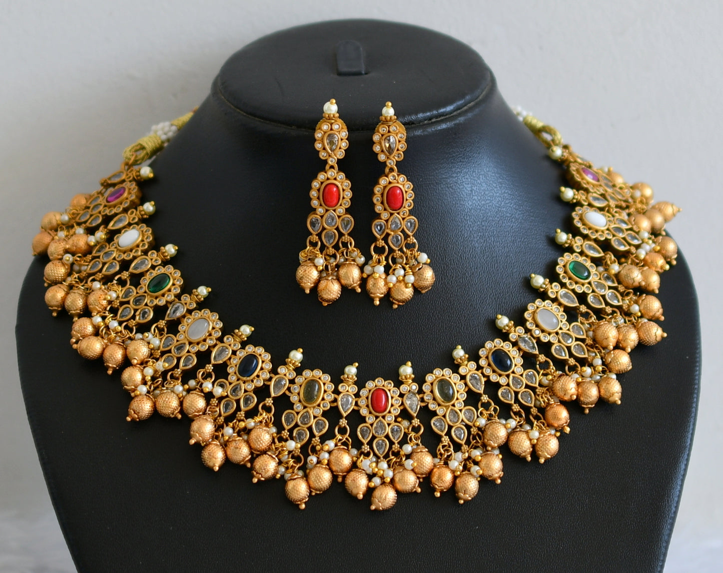 Matte finish navarathna designer necklace set dj-34476