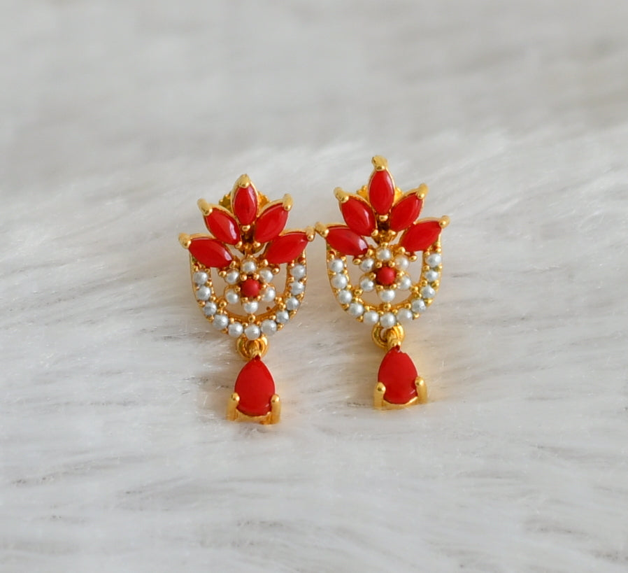 Gold tone coral-pearl flower earrings dj-48574