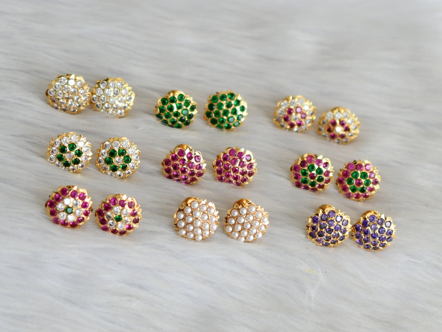 Gold tone ruby-green-white-purple-pearl  south Indian style 9 pair of combo earrings dj-42228