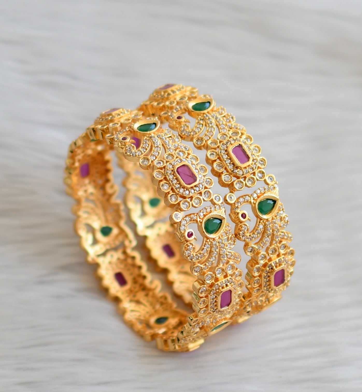 Gold tone cz ruby-green-white block stone peacock bangles(2.6) dj-45139