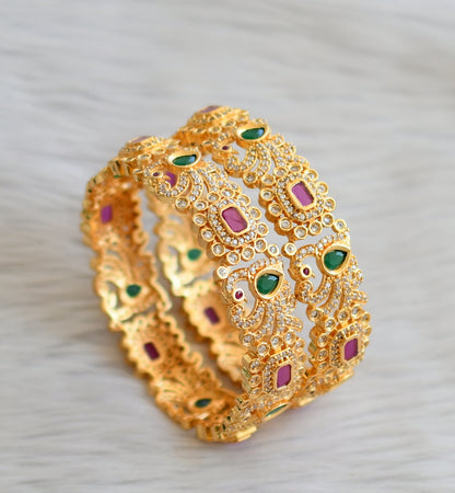 Gold tone cz ruby-green-white block stone peacock bangles(2.6) dj-45139