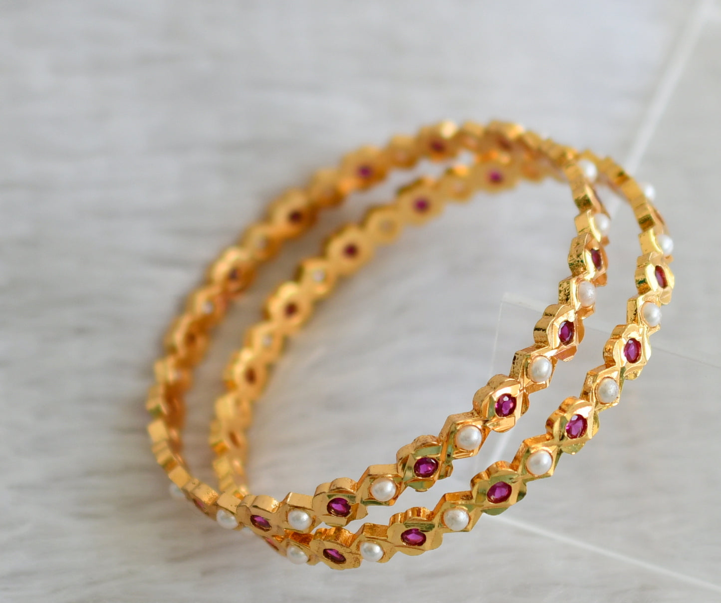 Gold tone ad pink-pearl south indian bangles(2.4) dj-48575