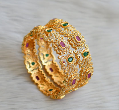 Gold tone cz ruby-green-white block stone peacock bangles(2.6) dj-45139