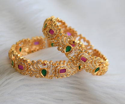 Gold tone cz ruby-green-white block stone peacock bangles(2.6) dj-45139