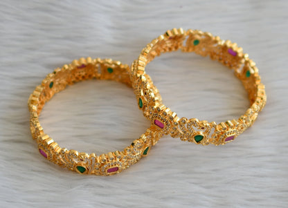 Gold tone cz ruby-green-white block stone peacock bangles(2.6) dj-45139