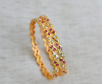 Gold tone ad pink-pearl south indian style bangles(2.6) dj-48579