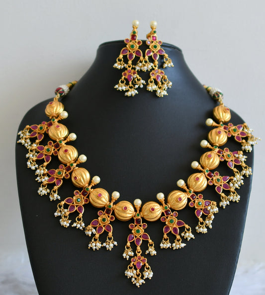 Gold Tone Ruby-emerald Gutta Pusalu necklace set dj-06287