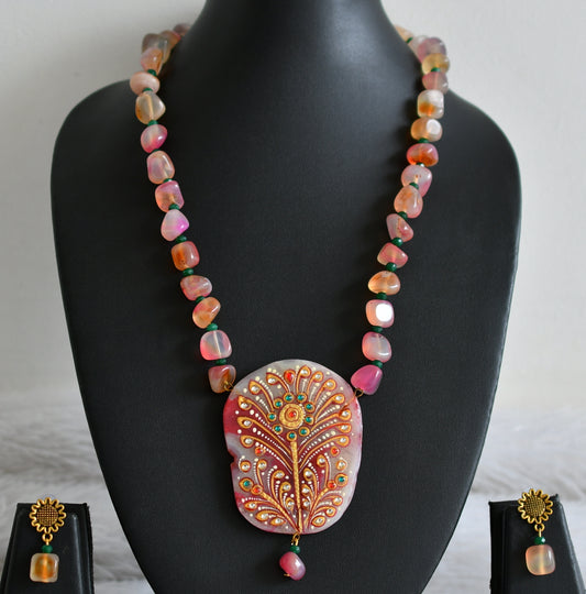 Hand painted flower sliced agate pendant with pink-orange onyx beaded necklace set dj-48594