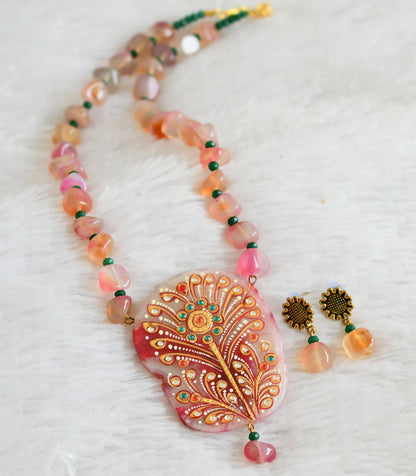 Hand painted flower sliced agate pendant with pink-orange onyx beaded necklace set dj-48594