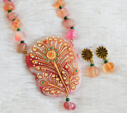 Hand painted flower sliced agate pendant with pink-orange onyx beaded necklace set dj-48594