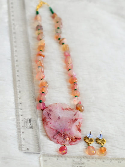 Hand painted flower sliced agate pendant with pink-orange onyx beaded necklace set dj-48594