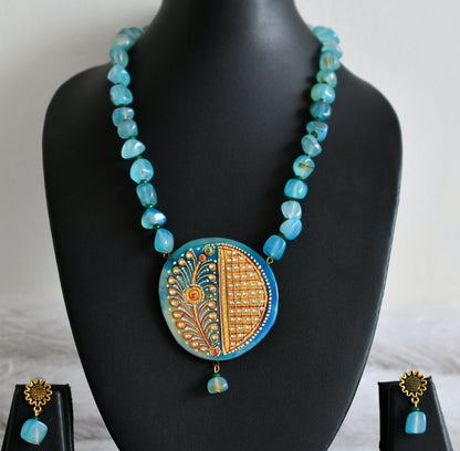 Hand painted flower sliced agate pendant with blue onyx beaded necklace set dj-48595