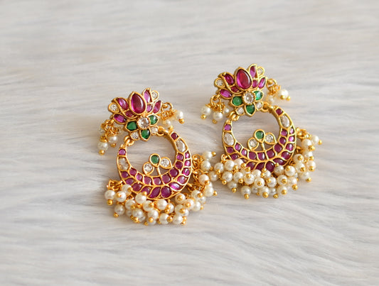 Gold tone real kemp-green-white lotus pearl cluster earrings dj-43531
