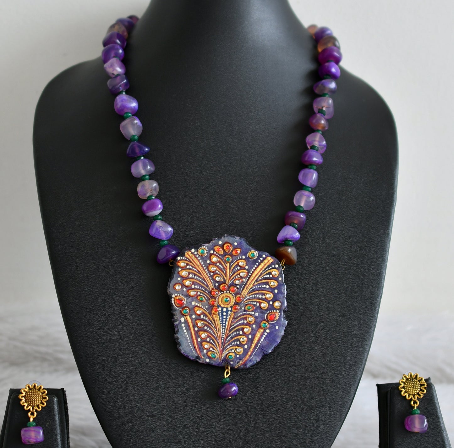 Hand painted flower sliced agate  pendant with purple onyx beaded necklace set dj-48596