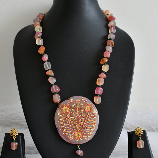 Hand painted flower sliced agate pendant with pink-green onyx beaded necklace set dj-48604