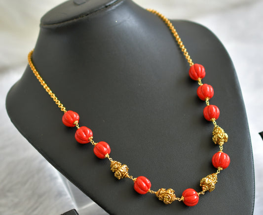 Antique gold tone coral pumpkin beaded mala/necklace dj-46819