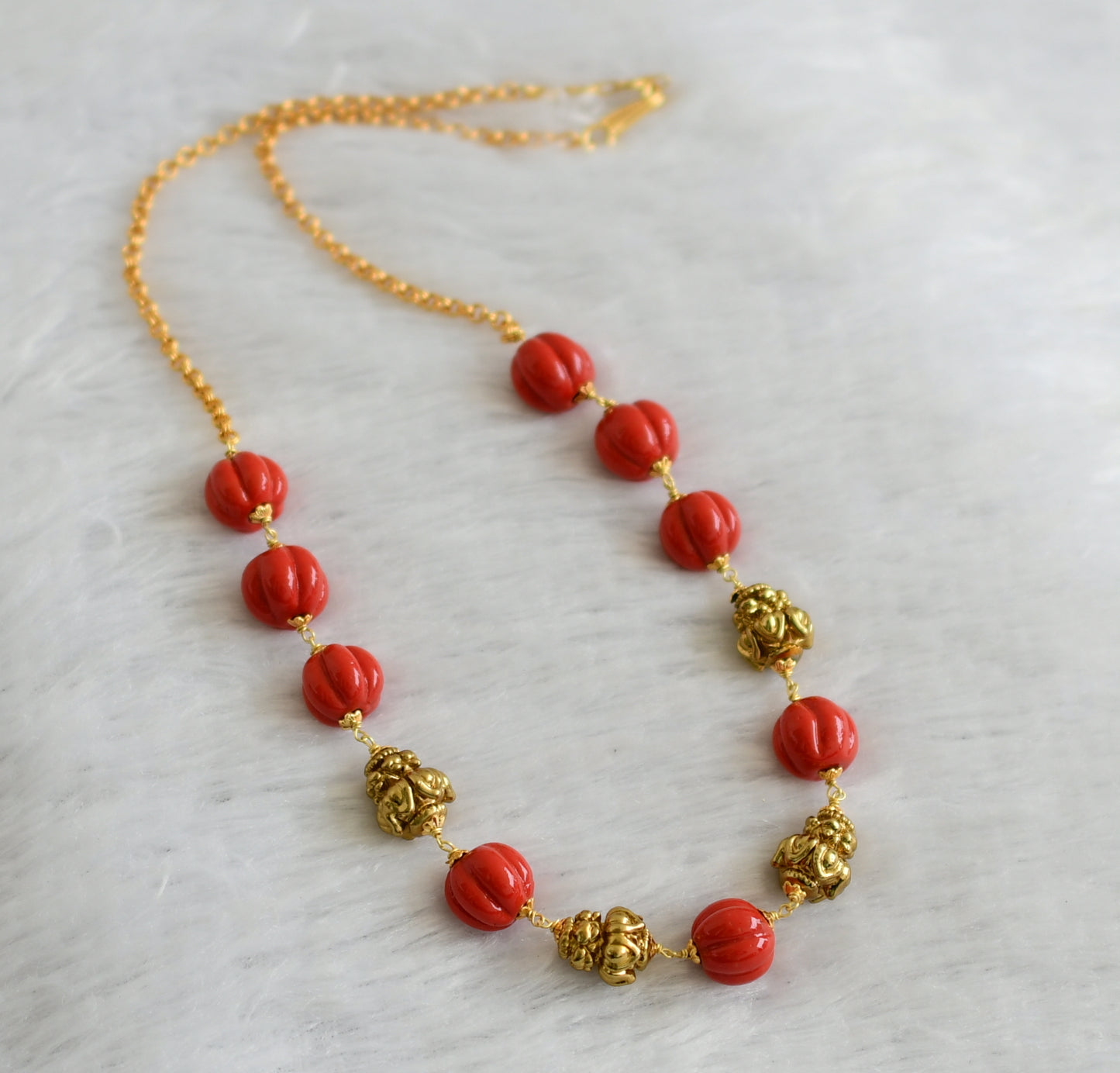 Antique gold tone coral pumpkin beaded mala/necklace dj-46819