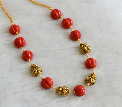 Antique gold tone coral pumpkin beaded mala/necklace dj-46819