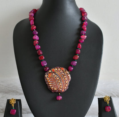 Hand painted flower sliced agate pendant with pink-green onyx beaded necklace set dj-48601