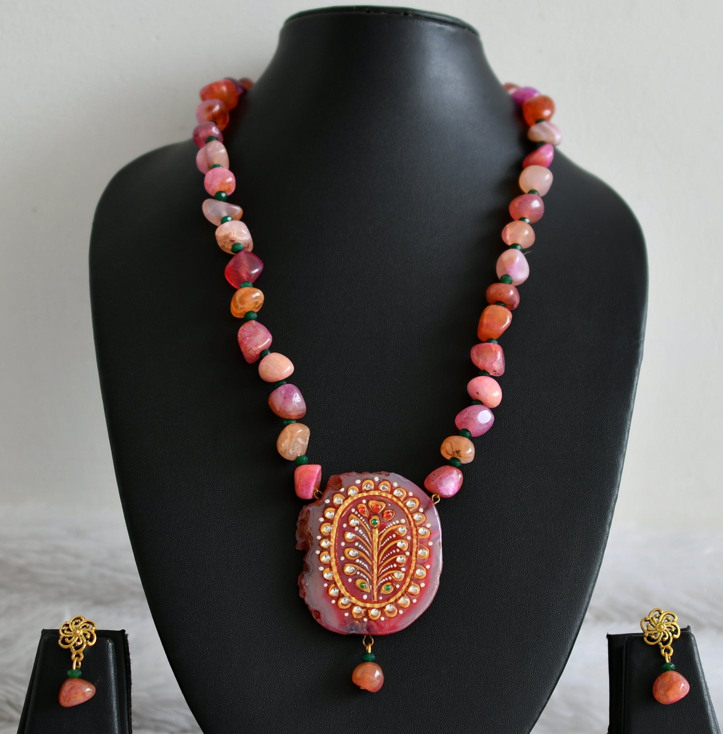 Hand painted flower sliced agate pendant with pink-green onyx beaded necklace set dj-48600