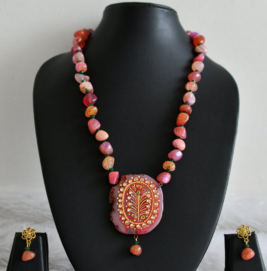 Hand painted flower sliced agate pendant with pink-green onyx beaded necklace set dj-48600