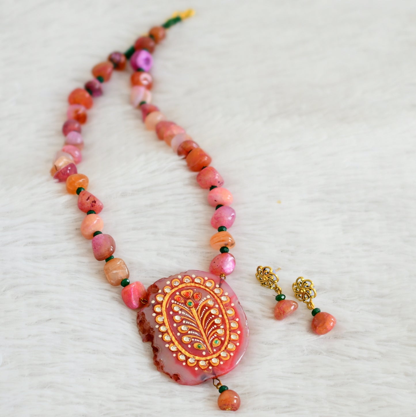 Hand painted flower sliced agate pendant with pink-green onyx beaded necklace set dj-48600