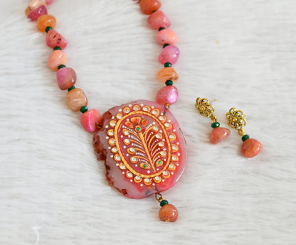 Hand painted flower sliced agate pendant with pink-green onyx beaded necklace set dj-48600