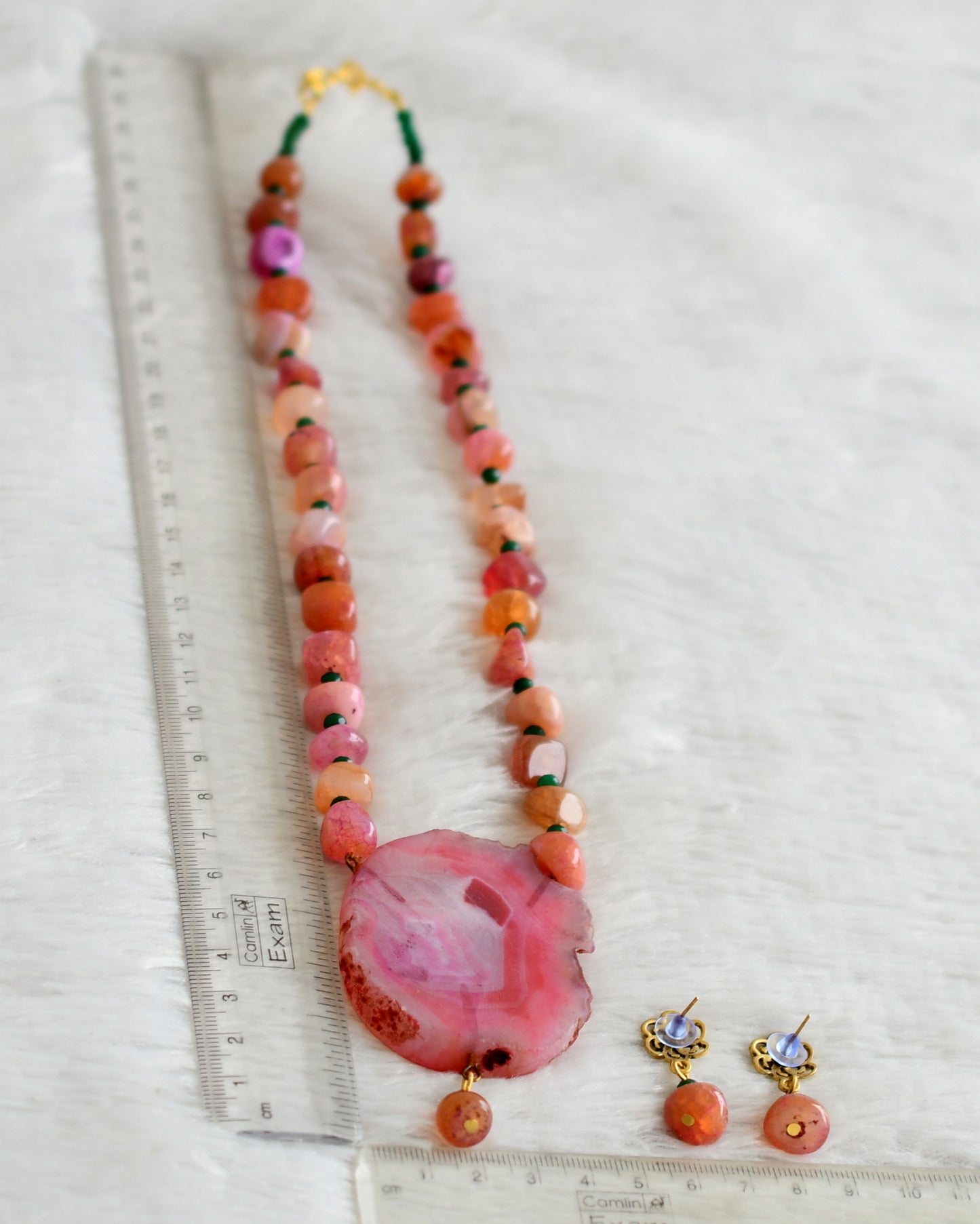 Hand painted flower sliced agate pendant with pink-green onyx beaded necklace set dj-48600