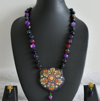 Hand painted flower sliced agate pendant with purple-green onyx beaded necklace set dj-48598