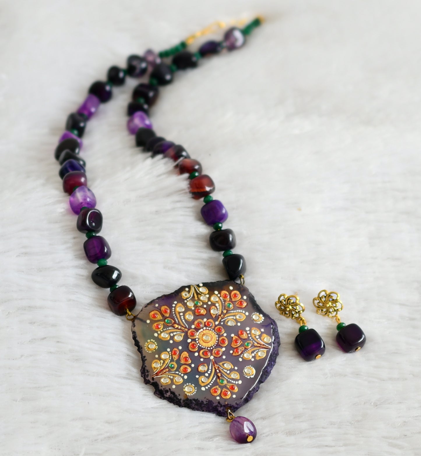 Hand painted flower sliced agate pendant with purple-green onyx beaded necklace set dj-48598