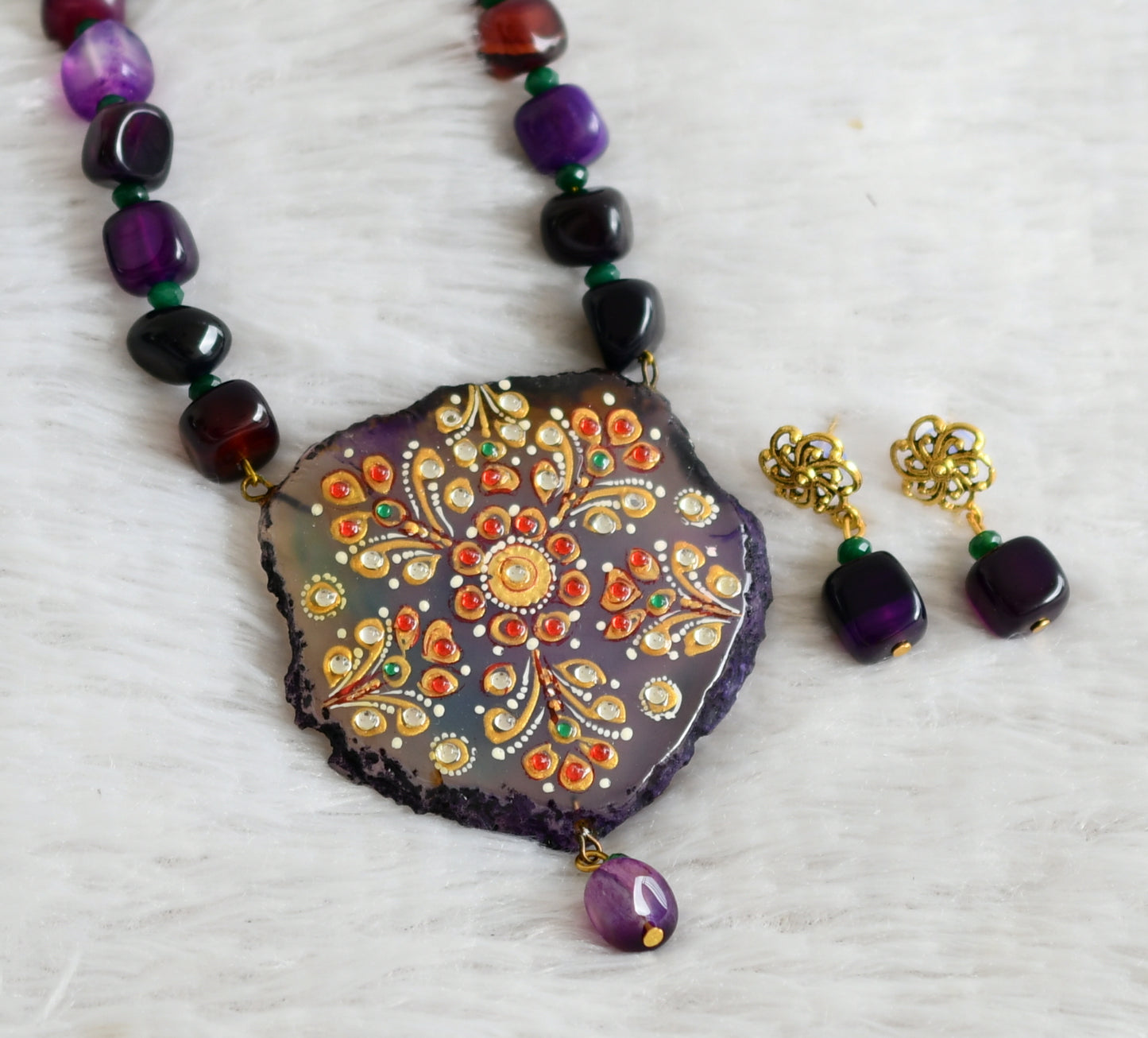 Hand painted flower sliced agate pendant with purple-green onyx beaded necklace set dj-48598