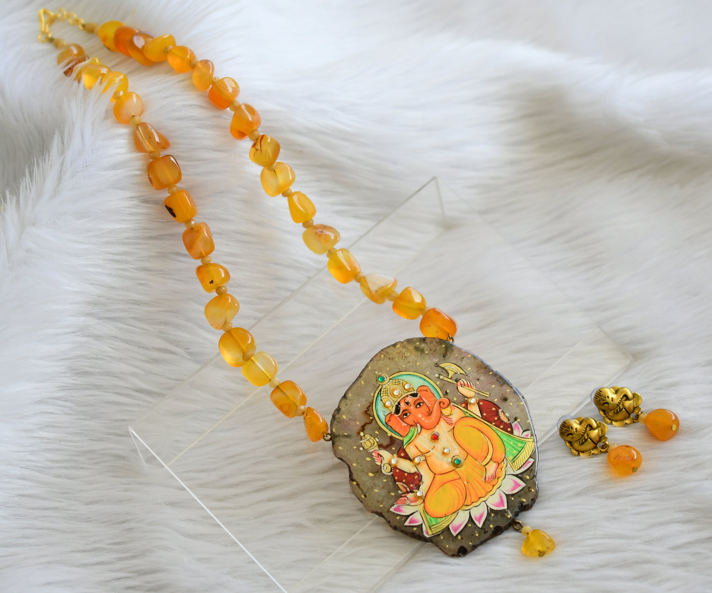 Hand painted ganesha sliced agate pendant with orange-yellow onyx beads necklace set dj-45199