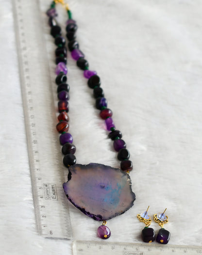 Hand painted flower sliced agate pendant with purple-green onyx beaded necklace set dj-48598