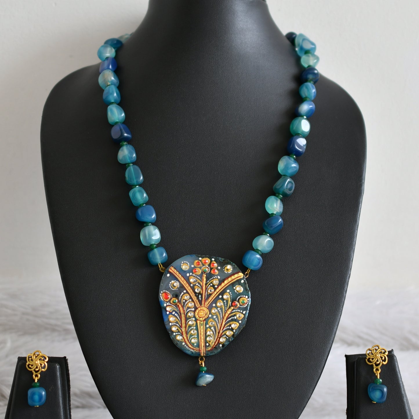 Hand painted flower sliced agate pendant with blue-green onyx beaded necklace set dj-48599