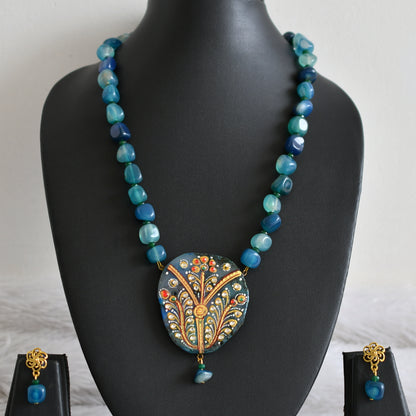 Hand painted flower sliced agate pendant with blue-green onyx beaded necklace set dj-48599