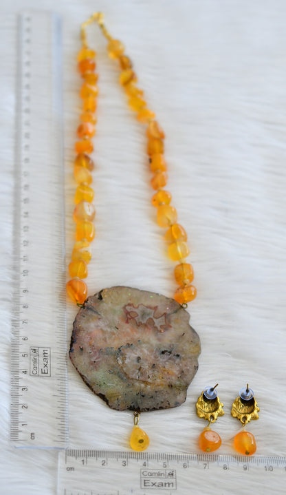 Hand painted ganesha sliced agate pendant with orange-yellow onyx beads necklace set dj-45199