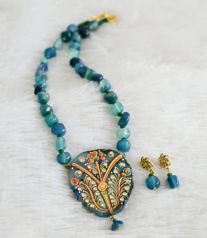 Hand painted flower sliced agate pendant with blue-green onyx beaded necklace set dj-48599