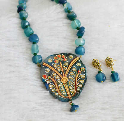 Hand painted flower sliced agate pendant with blue-green onyx beaded necklace set dj-48599