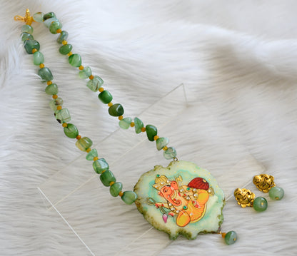 Hand painted ganesha sliced agate pendant with green-yellow onyx beads necklace set dj-45193