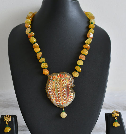 Hand painted flower sliced agate pendant with yellow-green onyx beaded necklace set dj-48602