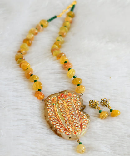 Hand painted flower sliced agate pendant with yellow-green onyx beaded necklace set dj-48602