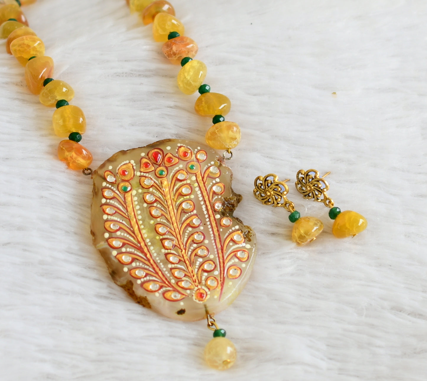 Hand painted flower sliced agate pendant with yellow-green onyx beaded necklace set dj-48602