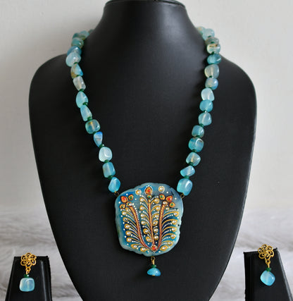 Hand painted flower sliced agate pendant with blue-green onyx beaded necklace set dj-48603