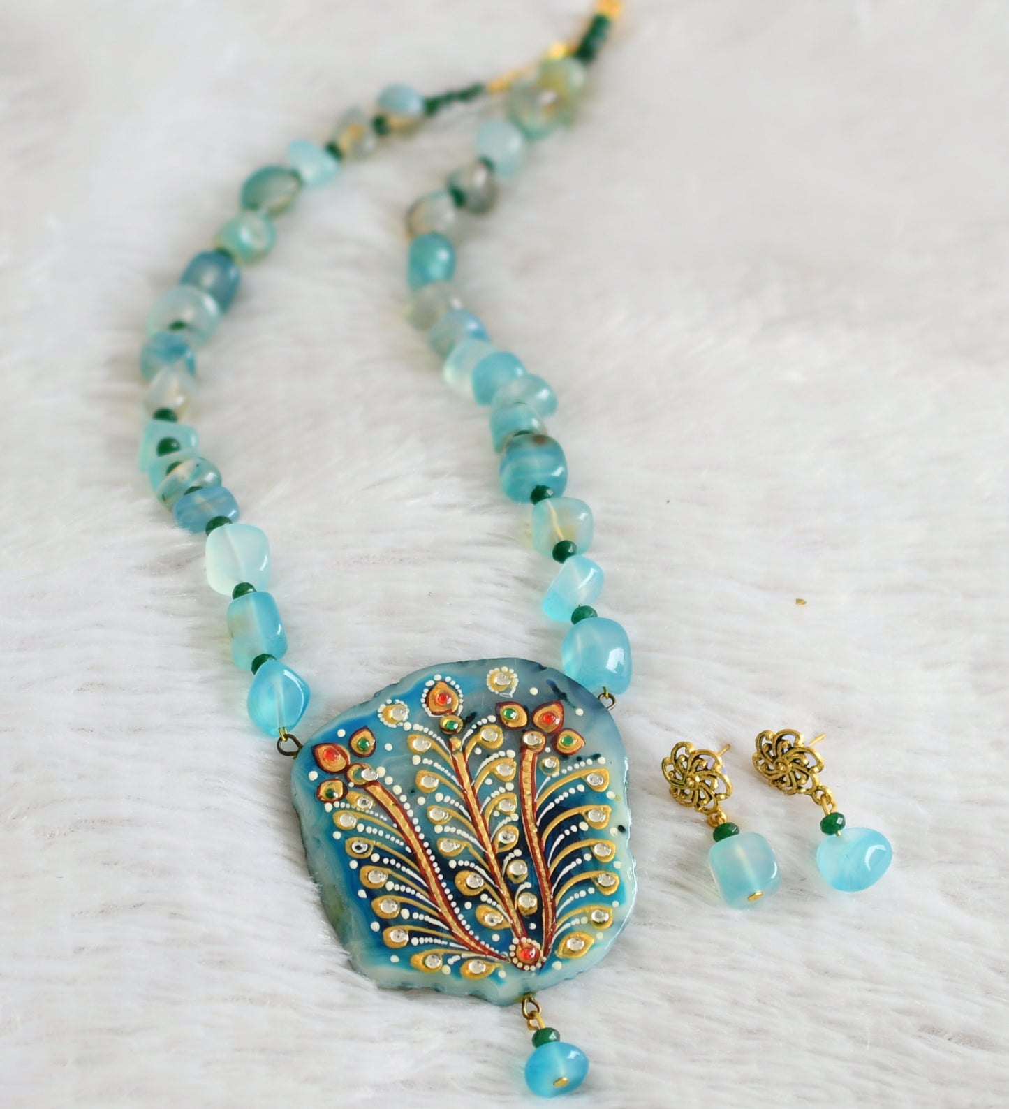 Hand painted flower sliced agate pendant with blue-green onyx beaded necklace set dj-48603